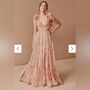 Mac Duggal Indy A-Line Ruffled Back-Lace Chiffon Gown.